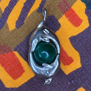 Sterling Silver Dolphins and Malachite Charm